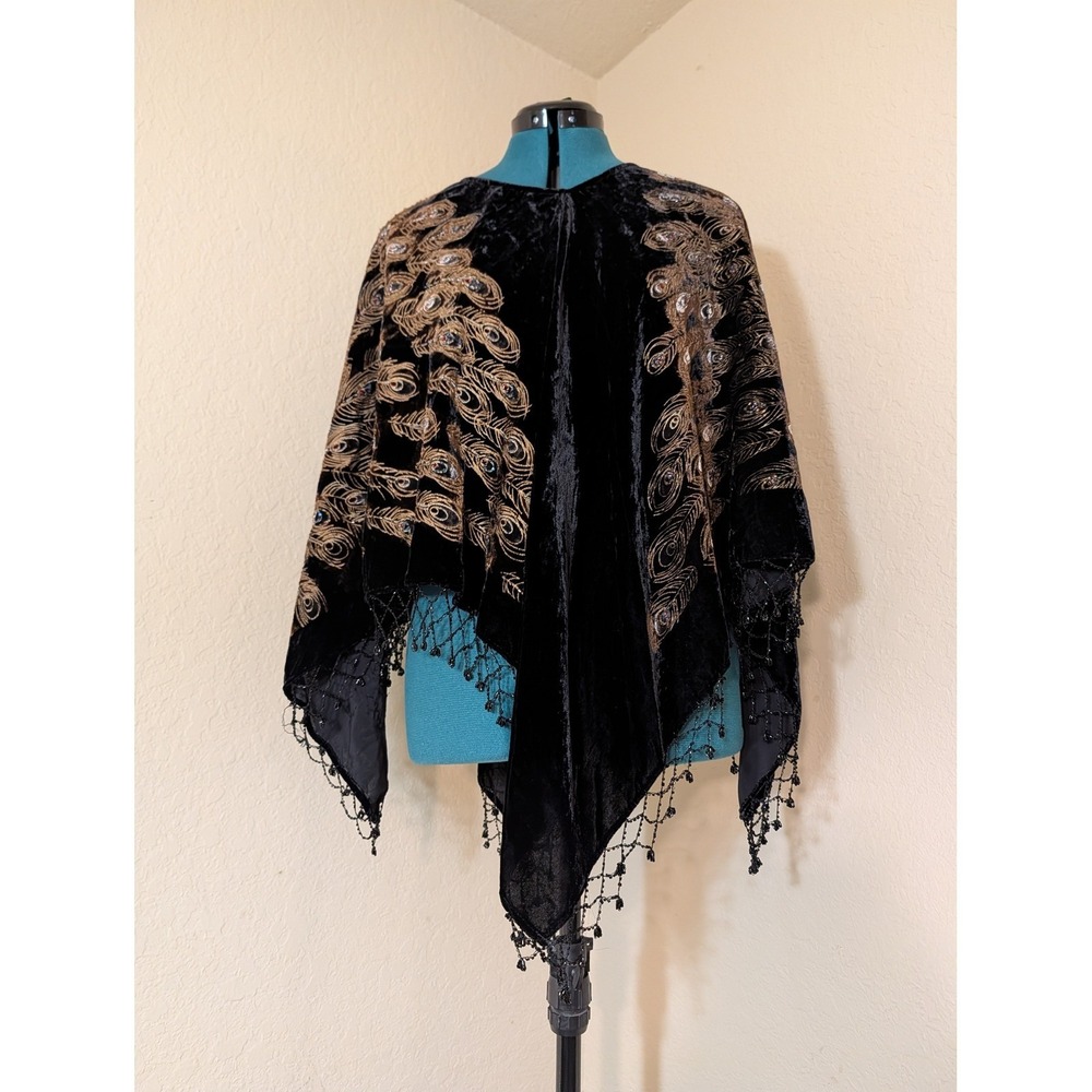 Boston Proper Black Velvet Peacock Beaded Fringe Poncho Wrap OS Gold Embroidered